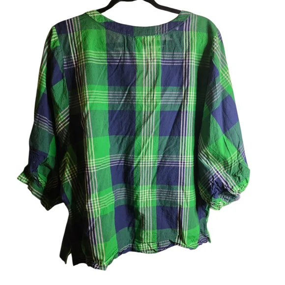 Stylish Green and Blue Plaid Button-Down Shirt 1X - Picture 3 of 4